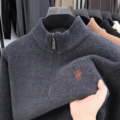 Luxury Quality Men Long-Sleeved Knitwear Mock Neck Half-Zip Thicken Horse Embroidery Spring New Pullover Fashion Casual MensWear