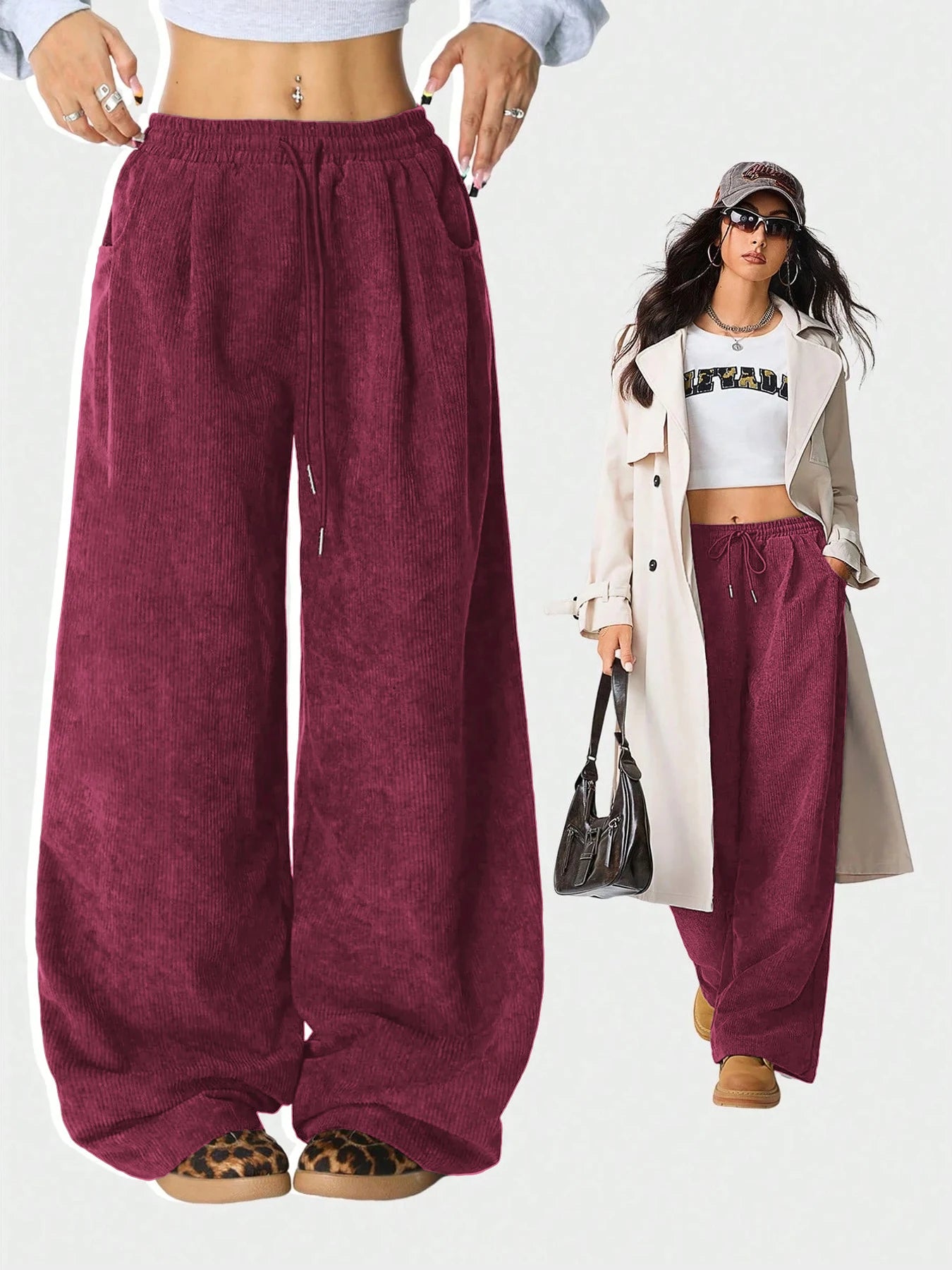 Women's Retro Corduroy Cargo Pants Casual Drawstring Straight Sports Pants Drape Daily Commuting Wide Leg Pants
