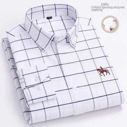 100% Pure Cotton Men's Long Sleeve Shirt Business Casual Solid Color Embroidered Oxford Spun Shirt