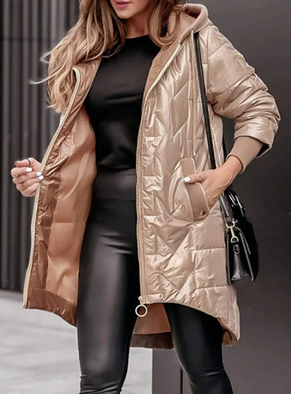 Winter Hooded Loose Solid Color Zipper Cotton Jacket Women Quilted Puffer Coat Fleece Lined Long Warm Irregular Hem Outerwear