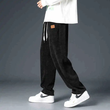 Winter Thick Warm Corduroy Sweatpants Men Fleece Liner Drawstring Straight Loose Track Pants Male Casual Fleece Thermal Trousers