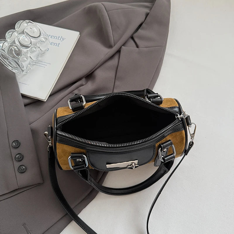 Faux Suede Shoulder Bag - Vintage Style Small Bucket Crossbody With Zipper Closure