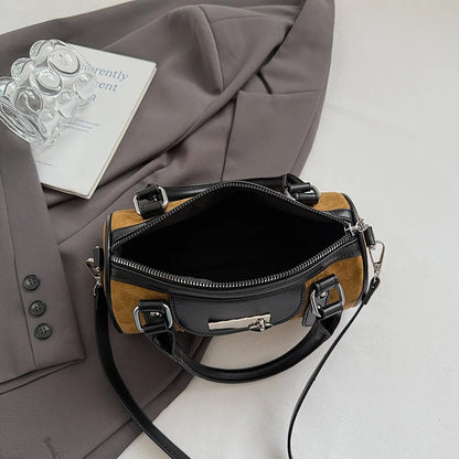 Faux Suede Shoulder Bag - Vintage Style Small Bucket Crossbody With Zipper Closure