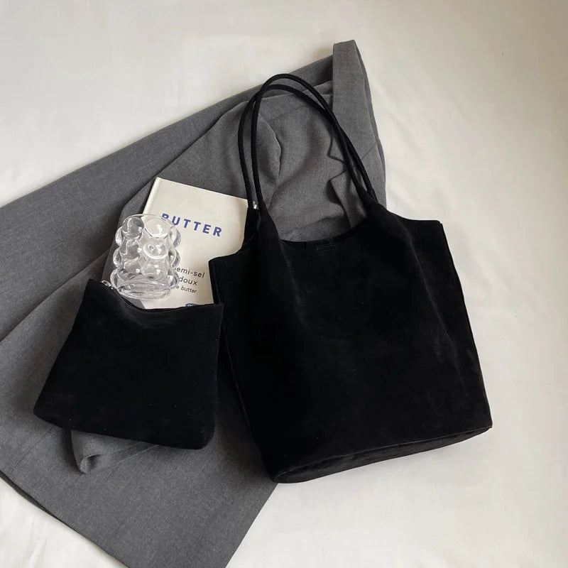 Women's Suede Shoulder Bag - High Capacity Casual Tote With Zippered Purse & Cell Phone Pocket
