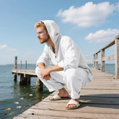 New Spring and Autumn Style Loose Men's Hoodie Set, Linen Material Beach Casual Two-Piece Suit