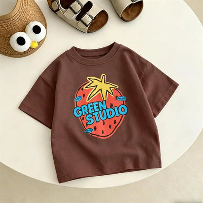 Printing Tshirt Child Boys Summer Crewneck Tops Loose Pure Cotton Tees Kids Cute Print T-shirt Baby Clothes Thin Short Sleeve