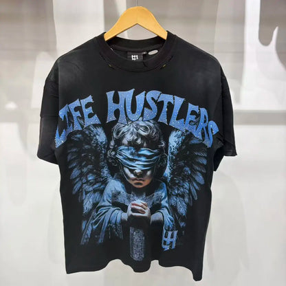 26SS Y2K High Quality American Retro Trendy Fashion Tops LIFE HUSTLERS 100% cotton large size loose Men's Women's T-Shirt