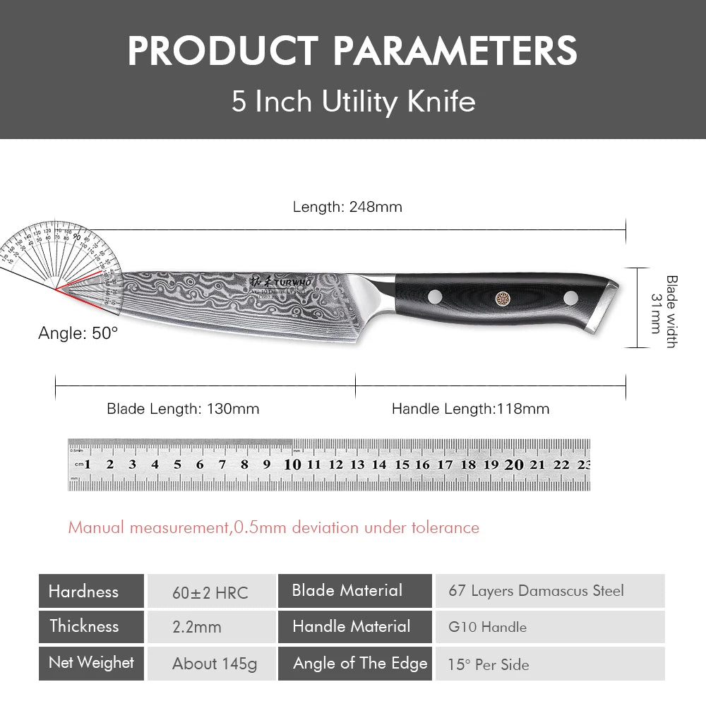 Damascus Steel Kitchen Knife – 5 Inch Utility Knife with Black G10 Handle, Rust Resistant Blade