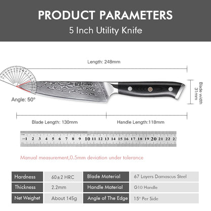 Damascus Steel Kitchen Knife – 5 Inch Utility Knife with Black G10 Handle, Rust Resistant Blade