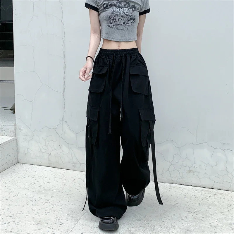 High Quality 2025 Cotton High Street Cargo Pants for Women Men with Ribbon High Waist Wide Leg Hip-hop Cool Dances Pants Ladies