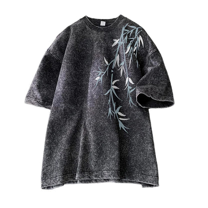 Acid Washed T-Shirt - Men's Streetwear Tee With Bamboo Leaf Print | Oversized Loose Fit