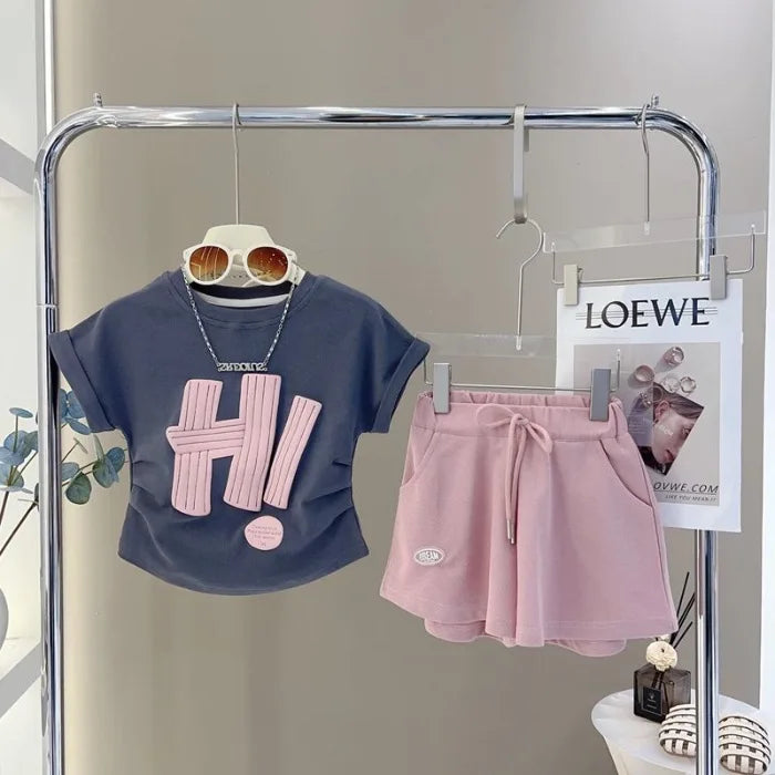 Girls Print Sets Summer Children Short-sleeved Suits Teenage Letter T-shirt+Shorts 2 Pcs Kids Clothing Tracksuit Outfits 3-12Y