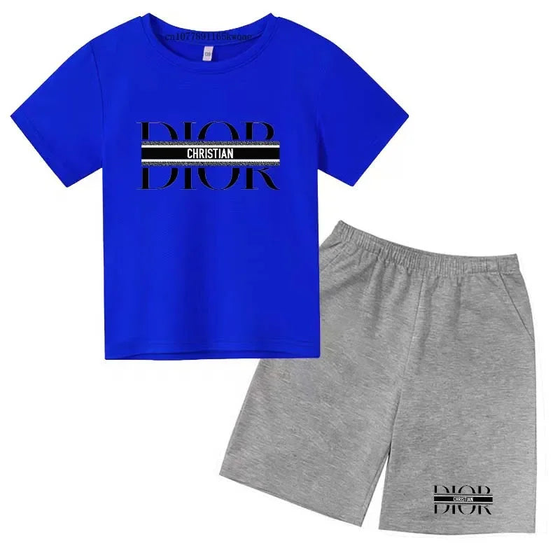 Summer Short Sleeve T Shirt +shorts 2 Piece Set Children Clothes Luxury Brand Print Sport Casual Fashion Boy Girl Kid Tracksuit