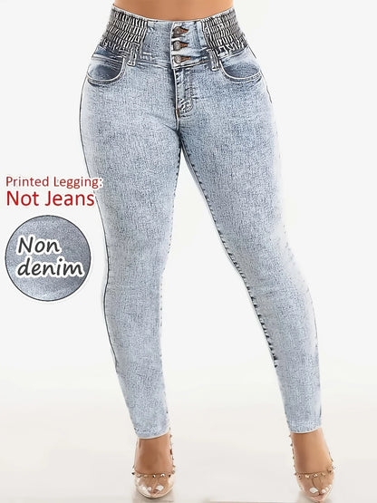 Women's Imitation Denim Printed Leggings, Non-Denim Fabric Casual Skinny Pants, Outdoor Sports Yoga Pants