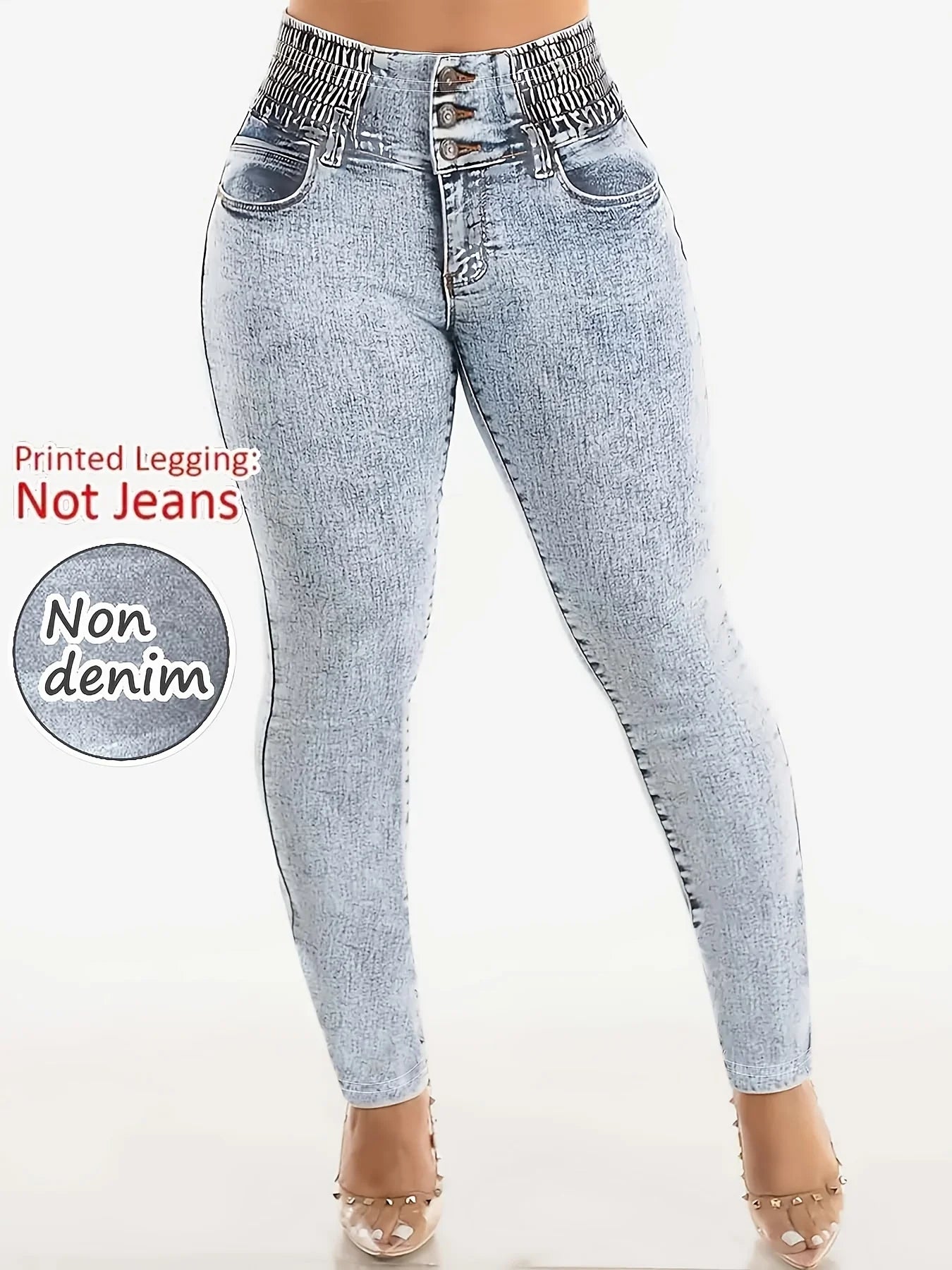 Women's Imitation Denim Printed Leggings, Non-Denim Fabric Casual Skinny Pants, Outdoor Sports Yoga Pants