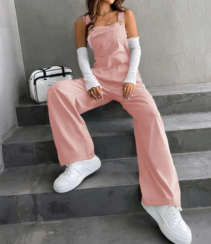 Retro Pocket Solid Color Straight Leg Utility Overalls Loose Fashion Casual Pants