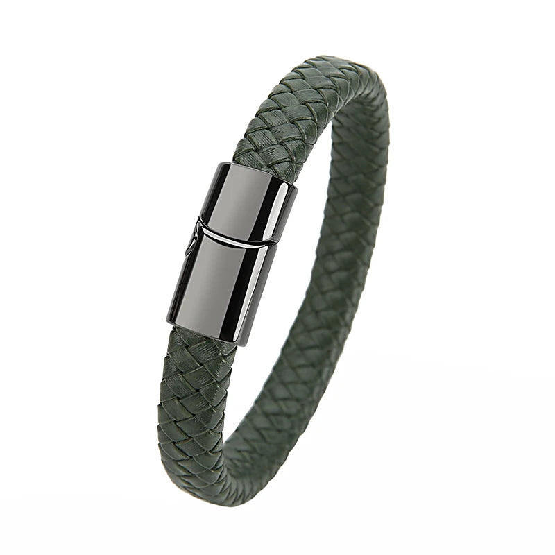 Mibrow Braided Black Leather Men Bracelet 10x5 12x6mm Size Fashion Metal Magnetic Clasp Wrap Bracelets Punk Charm Men Jewelry