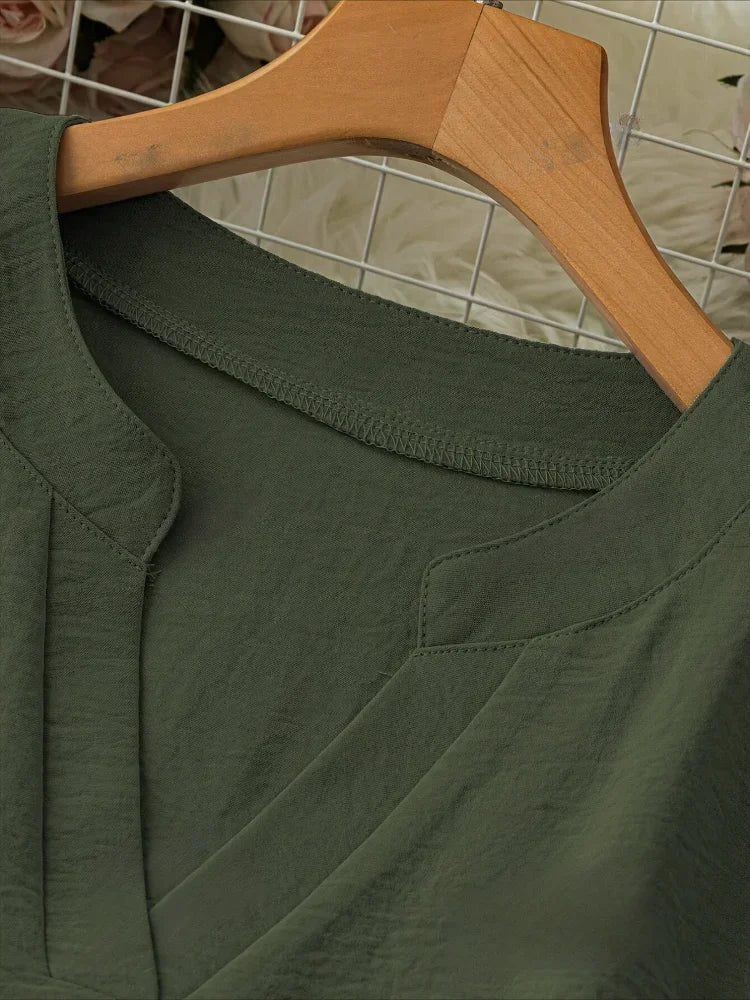 Plus Size Casual Tops - Women's Loose Fit Long Sleeve V-Neck Shirts in Polyester Oxford