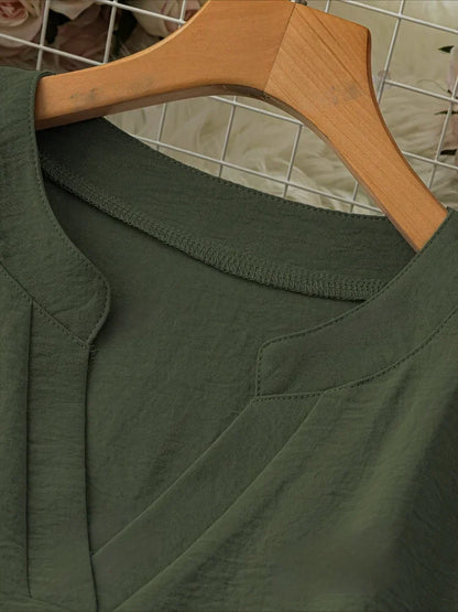 Plus Size Casual Tops - Women's Loose Fit Long Sleeve V-Neck Shirts in Polyester Oxford