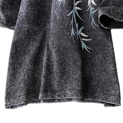 Acid Washed T-Shirt - Men's Streetwear Tee With Bamboo Leaf Print | Oversized Loose Fit