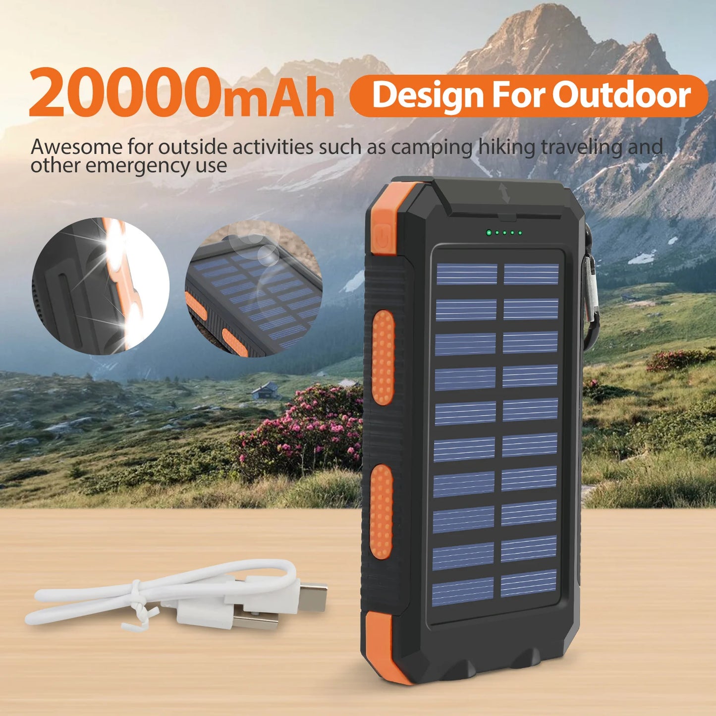 20000mAh Solar Power Bank Large Capacity Portable Outdoor Fast Charging Built-in Li-polymer Battery LDE Light for iphone Samsung