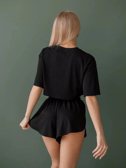 2026 New women's sexy pajama set short sleeved T-shirt split shorts pajama 2-piece set casual round neck elastic home wear