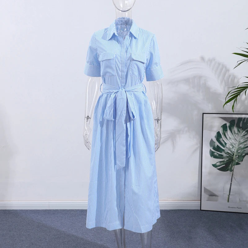 Women Summer Dress - Casual Striped Long Half Sleeve Slim Waist Mid-Calf Robe
