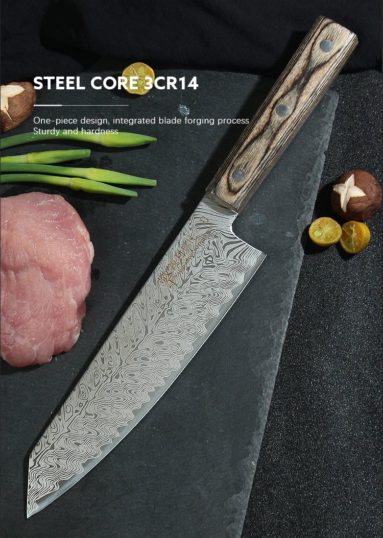 Damascus Chef Knife - Japanese Santoku Slicing Knife with Solid Wood Handle