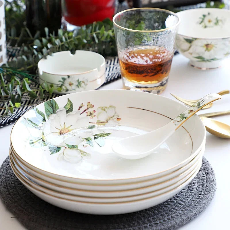 Bone China Dinnerware Set - Floral Ceramic Plates Bowls  Soup Pots
