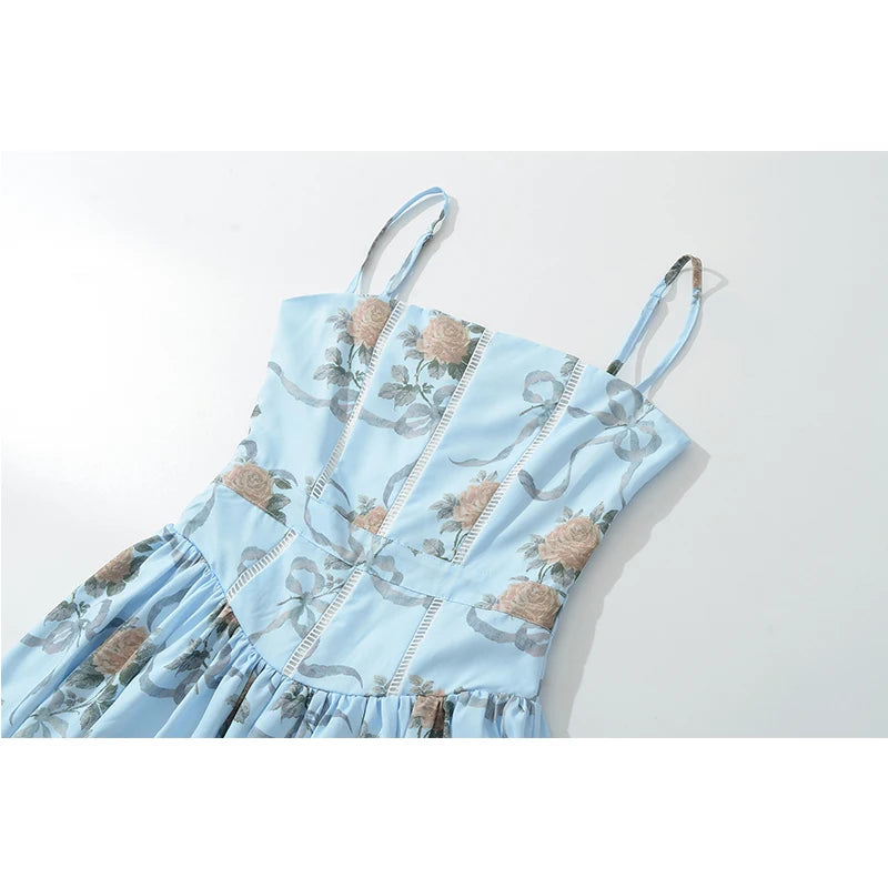 YENKYE Lace Trim Floral Print Sexy Sling Dress Women Elegant A-line Midi Summer Vacation Party Dresses New 2026 Clothes