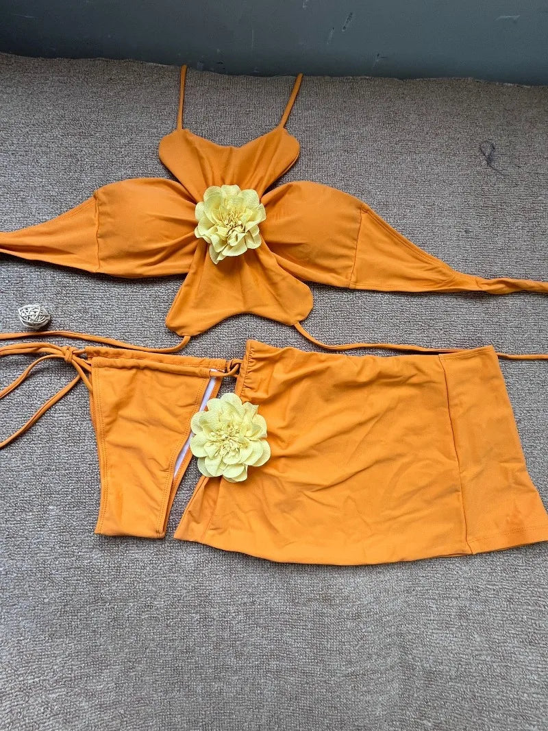 3 Piece Bikini Set - Halter Neck Floral Swimwear With Skirt & Wire Free Support