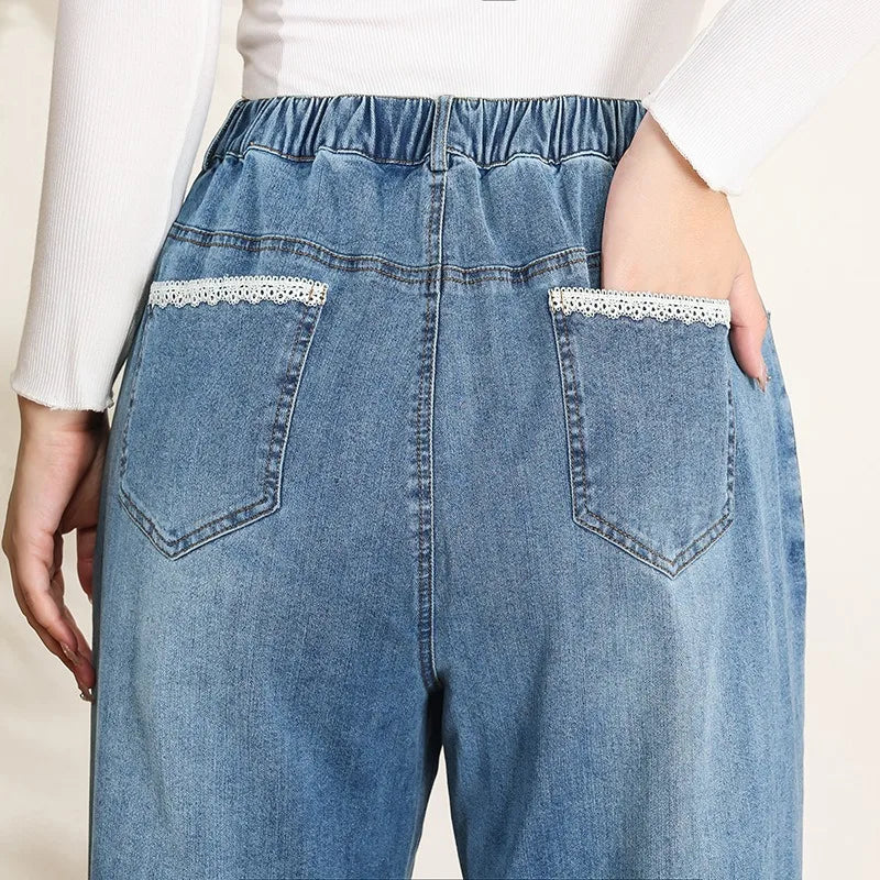 Women Wide Leg Jeans 7XL 9XL Straight Stretched Plus Size Girls Fashion Lady High Waist Female Oversized Denim Pants Trousers