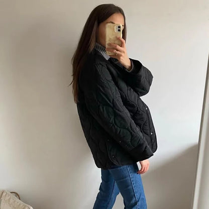 Quilted Jacket Women - Warm Winter Padded Coat With Covered Button Closure