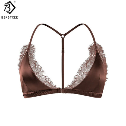 Birdtree 93% Silk 7% Spandex Women Lace Bra,Wireless Pitted Triangle Cup Front Closure Bralette,2026 New Underwear A61403JF