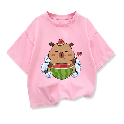 Summer New Capybara Watermelon Printed Cartoon Fashion Short Sleeve T-shirt Kids Clothing Tees Girls Loose Casual Tops T Shirts