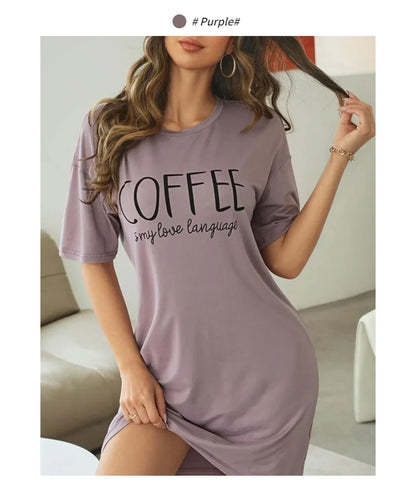 Womens Cartoon Print Milk Silk Nightgown - Casual Short Sleeve Summer Sleepdress - ZOOMNSTORE