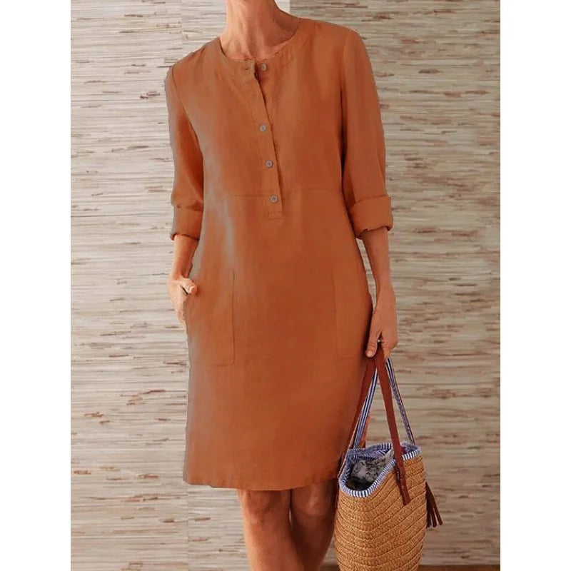 Women's Cotton Linen Tunic Dress – Vintage Long-Sleeve Oversized Mini Dress