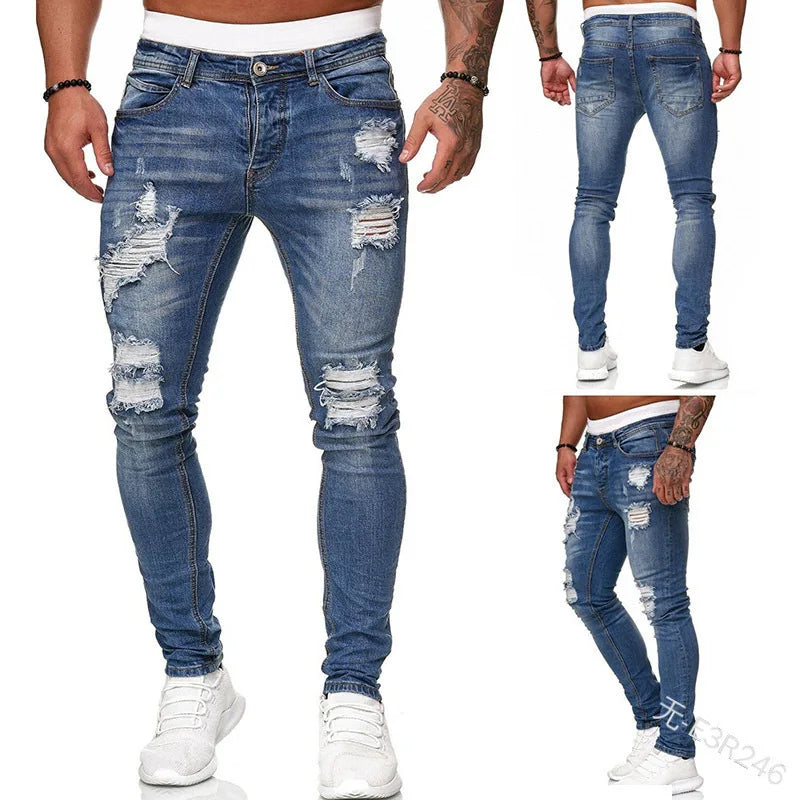 2025 New Solid Color Fashion Men Casual Pants Stretch Jeans Skinny Work Trousers Male Wash Slim Fit for Zippered Jeans Men Cloth