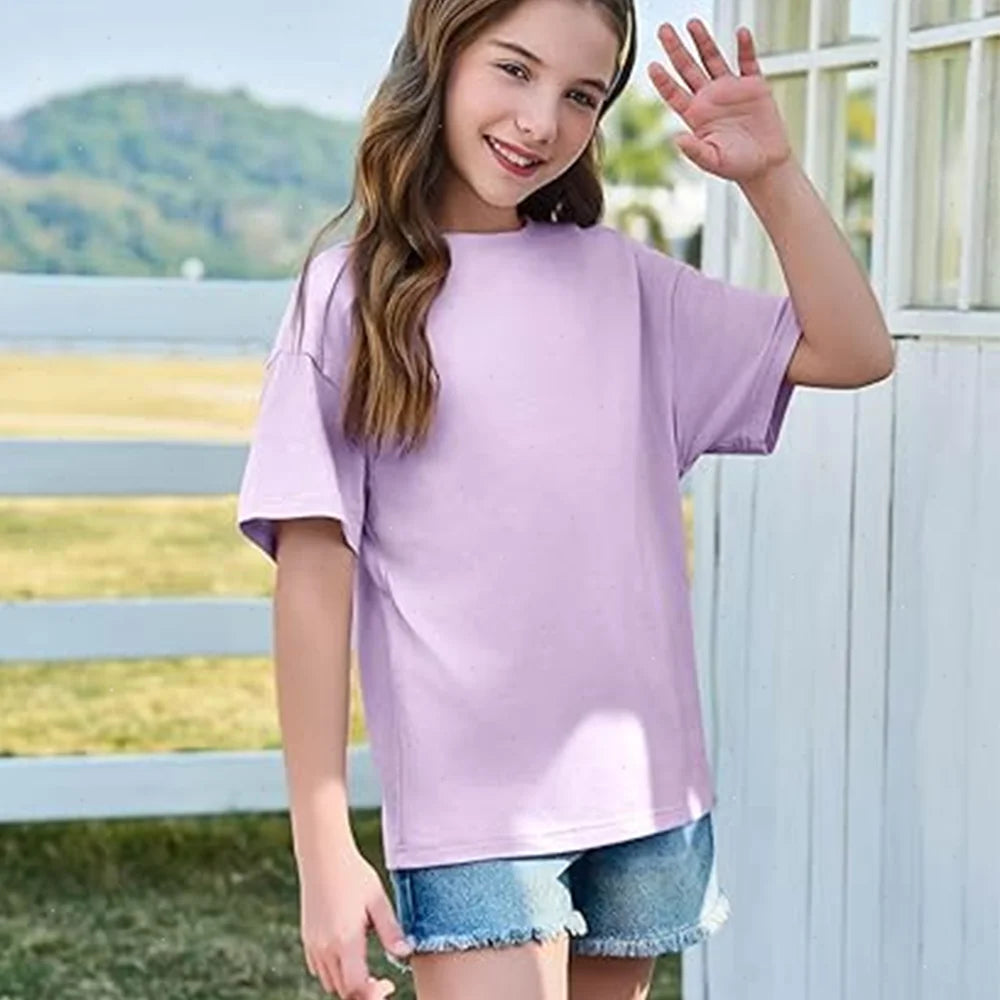 Girls Boys Short Sleeve T Shirts Kids Pure Cotton Summer Oversized Tops Children Teens Solid Casual Crewneck Basic Tees 3-14Y