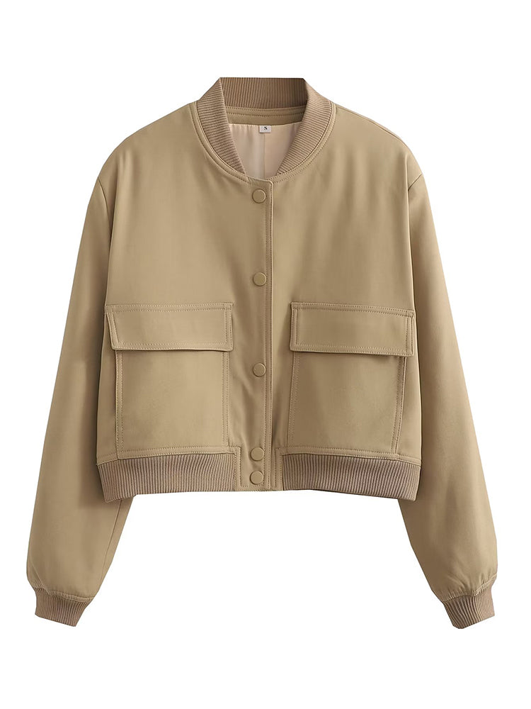 Women Bomber Jacket - Solid V Neck Single Breasted Polyester Coat With Pockets