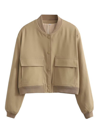 Women Bomber Jacket - Solid V Neck Single Breasted Polyester Coat With Pockets