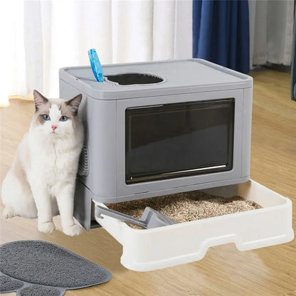 Foldable Cat Litter Box - Enclosed Front Entry  Top Exit Toilet with Massager Scoop - ZOOMNSTORE
