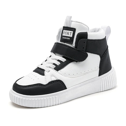 Boys High Top Sneakers - Autumn Leather Sports Shoes with Hook & Loop Closure