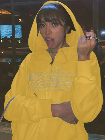 New Rhinestone Letter Print Women Long Sleeve Sweatshirt Hoodies Zipper Loose Oversized Streetwear Casual 2024 Autumn Fall