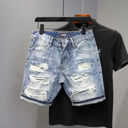 Men's Denim Shorts – Slim Fit Casual Knee Length Pants With Ripped Patch Detail