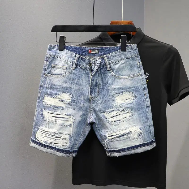 Denim Shorts 2025 Men's Summer Thin Ripped Patch Beggar Pants Cat Whisker Needle Sewing Slim Small Feet Short Jean Medium Pants