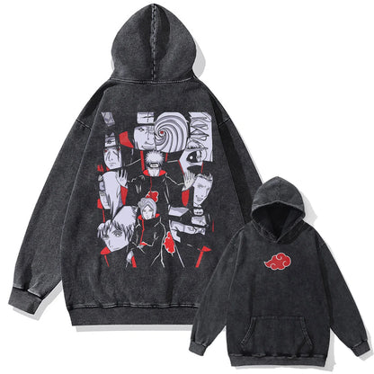 Men Washed Hoodie Sweatshirt Japanese Anime Naruto Print Hooded Pullover Hip Hop Harajuku Streetwear Cotton Vintage Hoodie