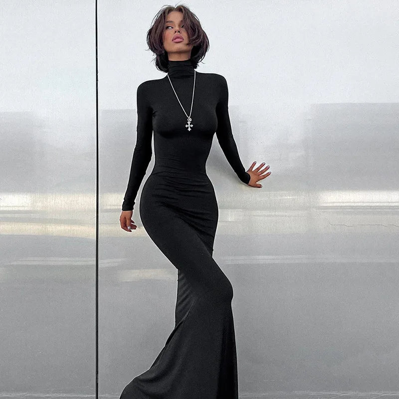 Elegant Long Sleeve Maxi Dress - Casual Bodycon Turtleneck Outfit for Women