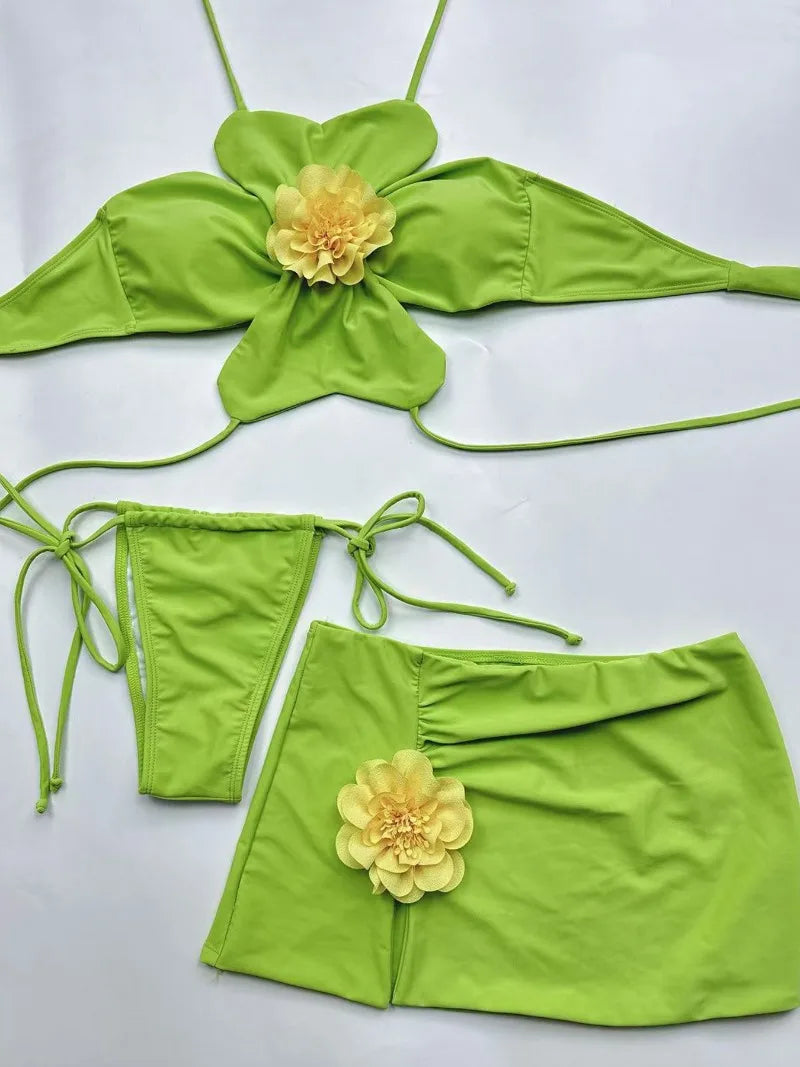 3 Piece Bikini Set - Halter Neck Floral Swimwear With Skirt & Wire Free Support