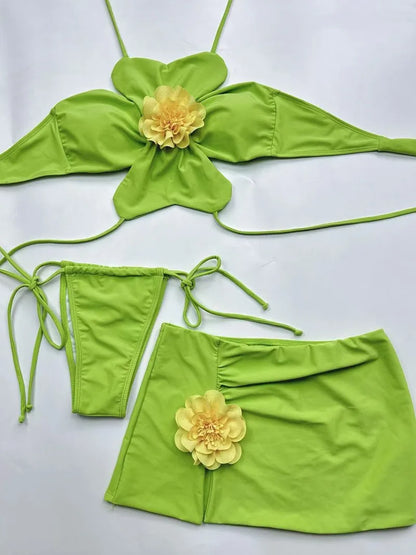 3 Piece Bikini Set - Halter Neck Floral Swimwear With Skirt & Wire Free Support